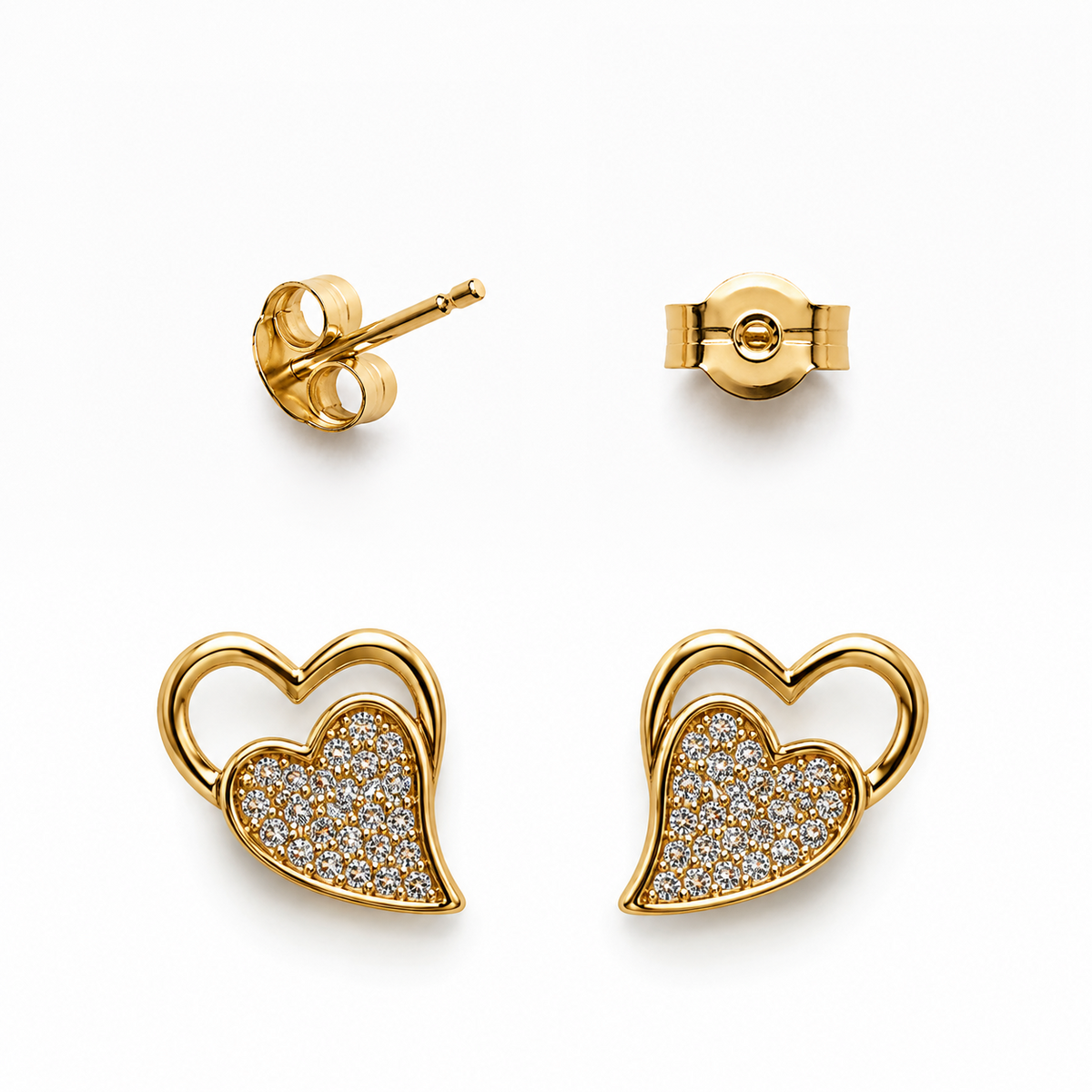 Aros Dos Corazón Circón Liso Enchape Oro