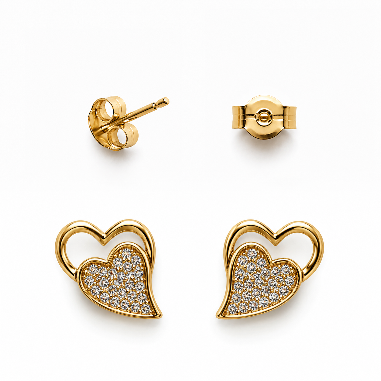 Aros Dos Corazón Circón Liso Enchape Oro